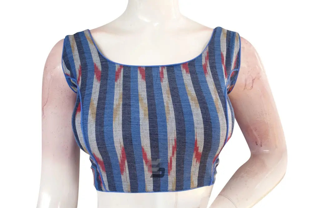 Chic Navy Blue Multi-Color Ikkat Designer Readymade Saree Blouse - D3blouses