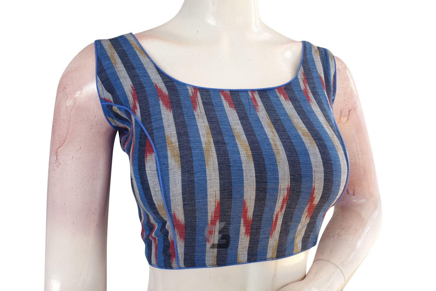 Chic Navy Blue Multi-Color Ikkat Designer Readymade Saree Blouse - D3blouses