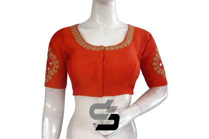 Chic Orange High Neck Embroidered Saree Blouses - Elegant Ethnic Charm - D3blouses