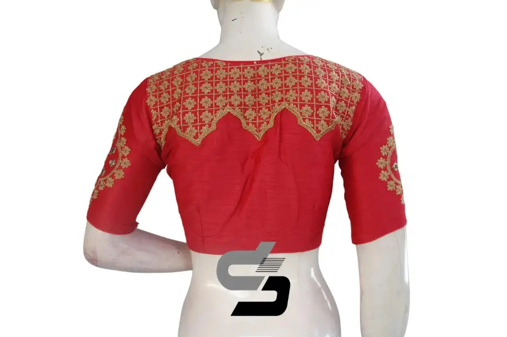 Chic Peach Pink High Neck Embroidered Saree Blouses - Redefining Elegance - D3blouses