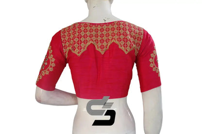 Chic Pink High Neck Embroidered Saree Blouses - Modern Elegance - D3blouses