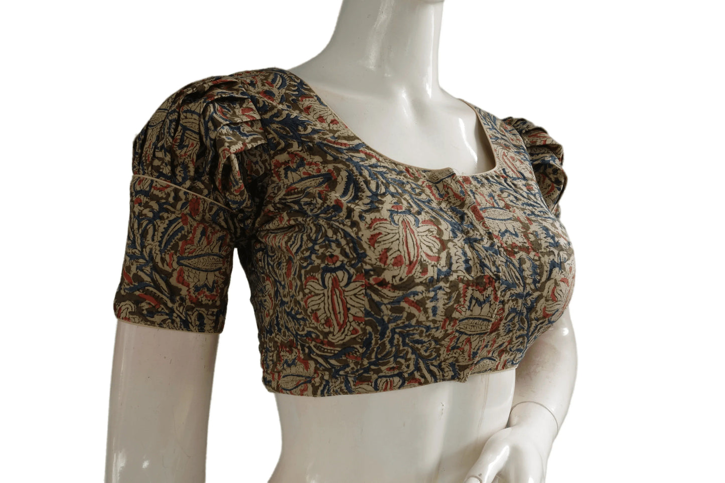 Chic Puff Sleeve Kalamkari Saree Blouse, Ready-to-Wear Designer Piece - D3blouses