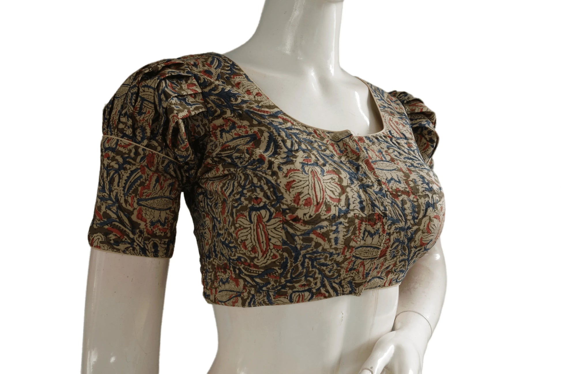 Chic Puff Sleeve Kalamkari Saree Blouse, Ready-to-Wear Designer Piece - D3blouses