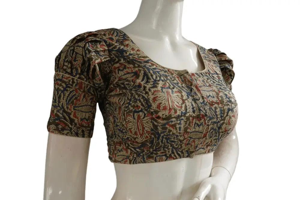Chic Puff Sleeve Kalamkari Saree Blouse, Ready-to-Wear Designer Piece - D3blouses