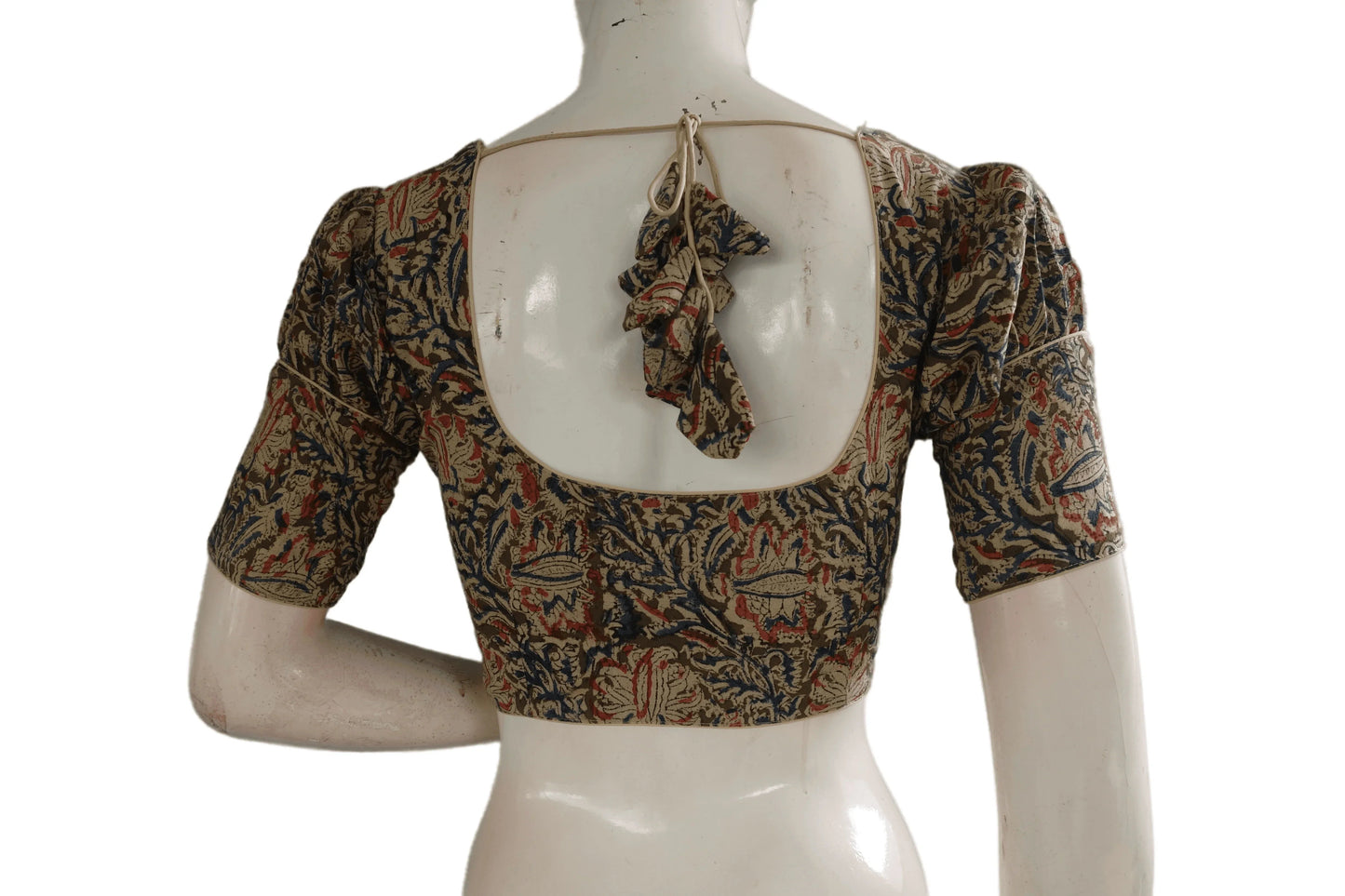 Chic Puff Sleeve Kalamkari Saree Blouse, Ready-to-Wear Designer Piece - D3blouses