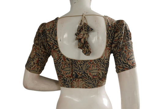 Chic Puff Sleeve Kalamkari Saree Blouse, Ready-to-Wear Designer Piece - D3blouses