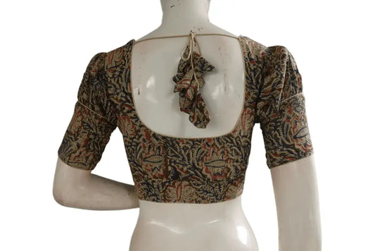 Chic Puff Sleeve Kalamkari Saree Blouse, Ready-to-Wear Designer Piece - D3blouses