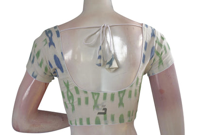 Chic White Ikkat Cotton Readymade Saree Blouse, Modern Ethnic Elegance - D3blouses