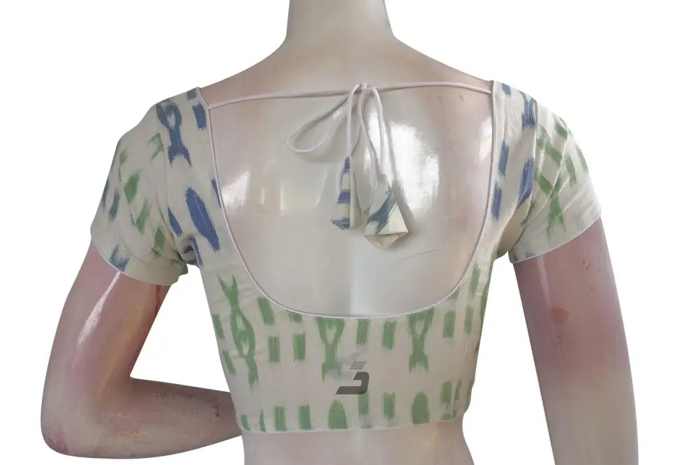 Chic White Ikkat Cotton Readymade Saree Blouse, Modern Ethnic Elegance - D3blouses
