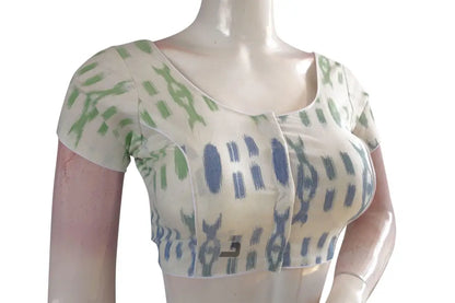 Chic White Ikkat Cotton Readymade Saree Blouse, Modern Ethnic Elegance - D3blouses