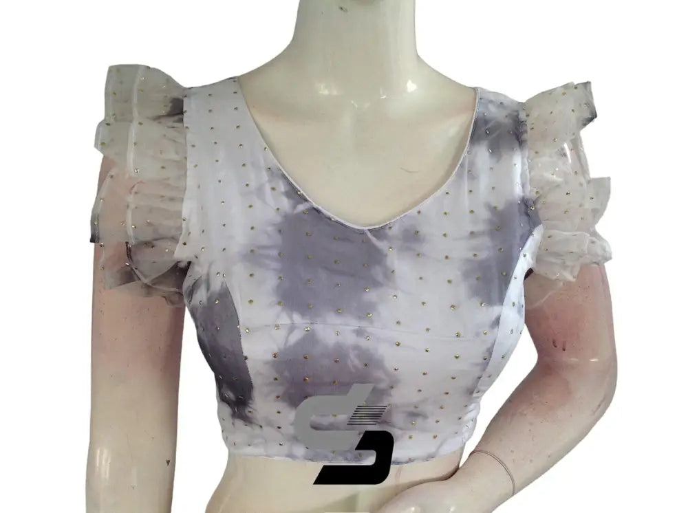 Chic White, Tie Dye Designer V Neck Georgette Saree Blouse with Ruffle Sleeves - D3blouses
