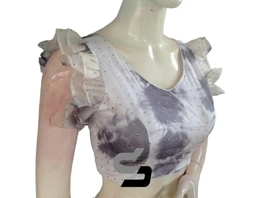 Chic White, Tie Dye Designer V Neck Georgette Saree Blouse with Ruffle Sleeves - D3blouses