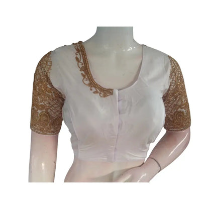 Classic Elegance: Off-White Silk Saree Readymade Blouse with Aari Handwork - D3blouses