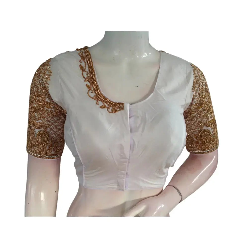 Classic Elegance: Off-White Silk Saree Readymade Blouse with Aari Handwork - D3blouses