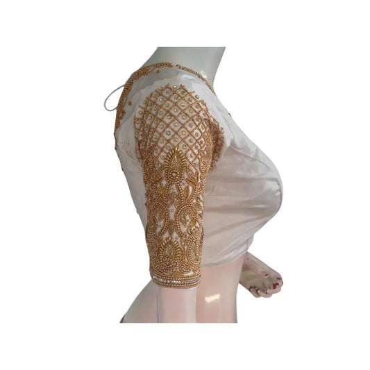Classic Elegance: Off-White Silk Saree Readymade Blouse with Aari Handwork - D3blouses