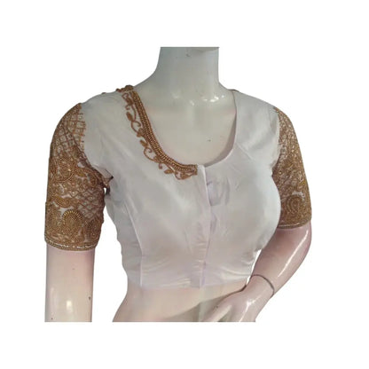 Classic Elegance: Off-White Silk Saree Readymade Blouse with Aari Handwork - D3blouses