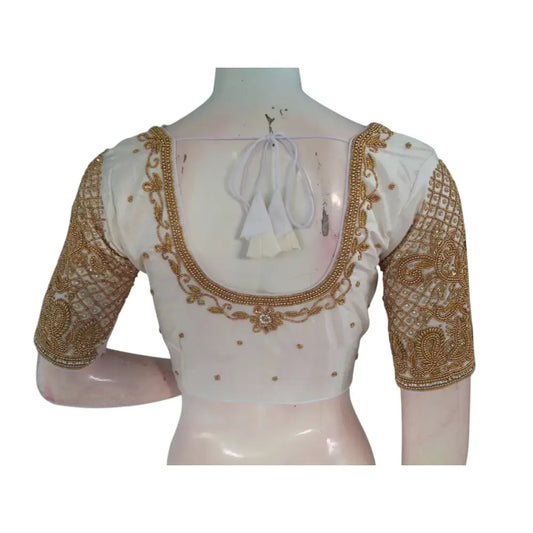 Classic Elegance: Off-White Silk Saree Readymade Blouse with Aari Handwork - D3blouses