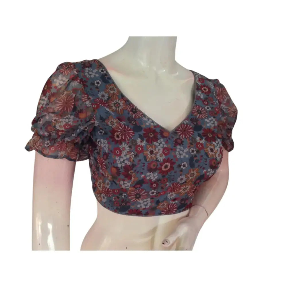 Classic Grey: Timeless Elegance Organza Puff Sleeve Readymade Blouse - D3blouses