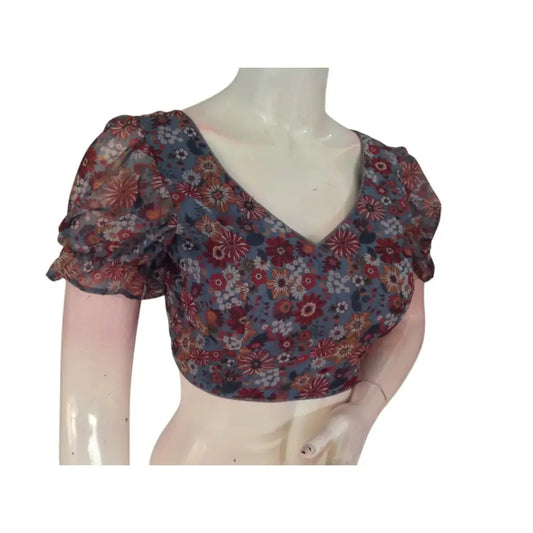 Classic Grey: Timeless Elegance Organza Puff Sleeve Readymade Blouse - D3blouses