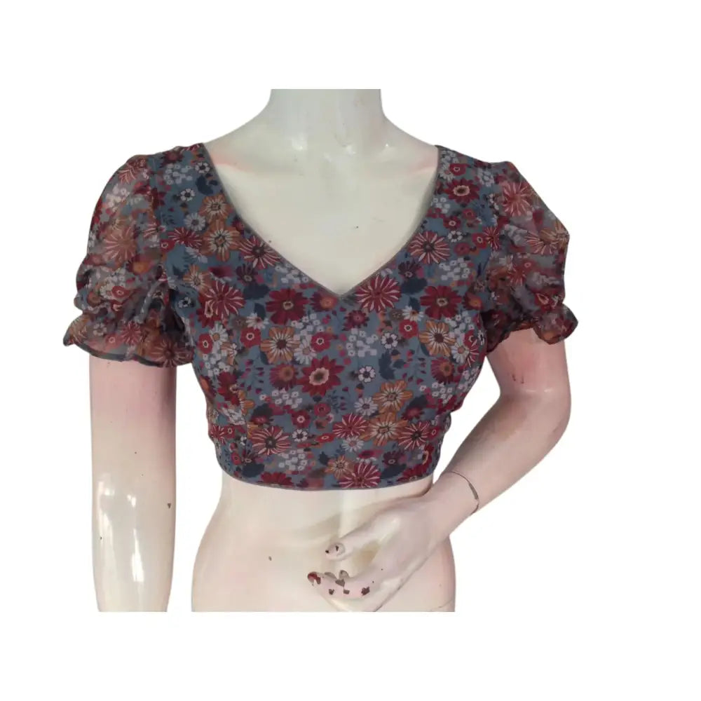 Classic Grey: Timeless Elegance Organza Puff Sleeve Readymade Blouse - D3blouses