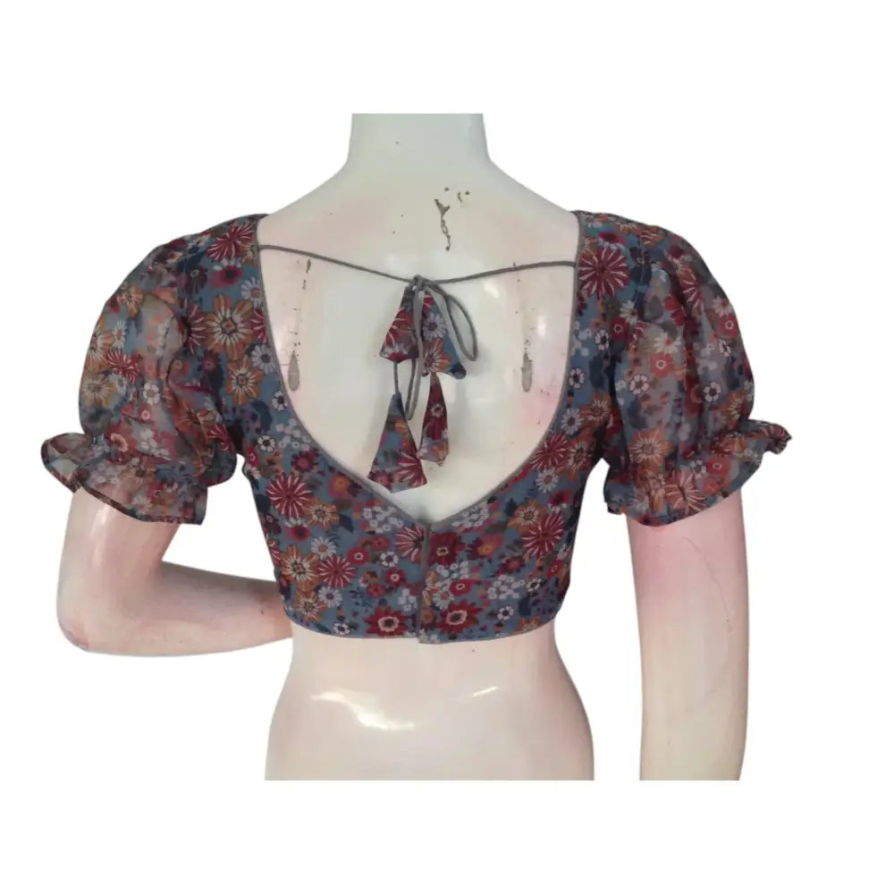 Classic Grey: Timeless Elegance Organza Puff Sleeve Readymade Blouse - D3blouses