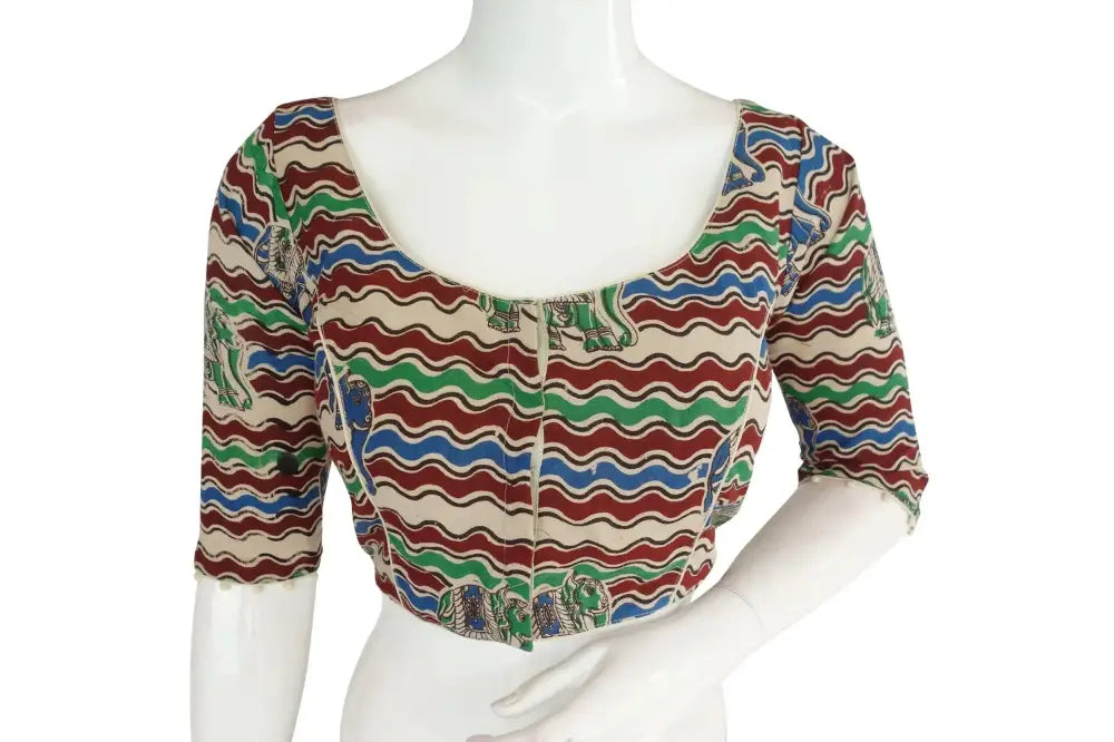 Classic Kalamkari 3/4th Sleeves Readymade Saree Blouse, Indian Cotton Blouse - D3blouses