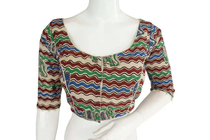 Classic Kalamkari 3/4th Sleeves Readymade Saree Blouse, Indian Cotton Blouse - D3blouses