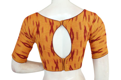 Comfortable Mustard Color Ikkat Boat Neck Designer Indian Saree Readymade Blouses - D3blouses