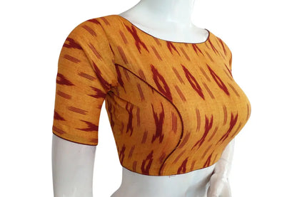 Comfortable Mustard Color Ikkat Boat Neck Designer Indian Saree Readymade Blouses - D3blouses