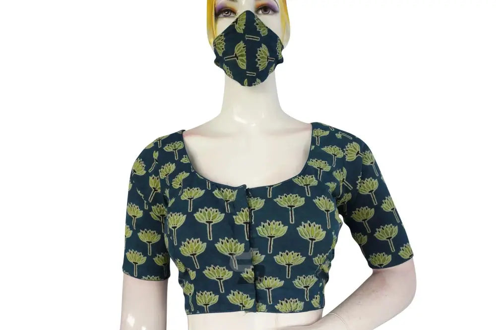 Comfortable Navy Blue color Ajrakh Cotton Readymade Saree Blouse - D3blouses