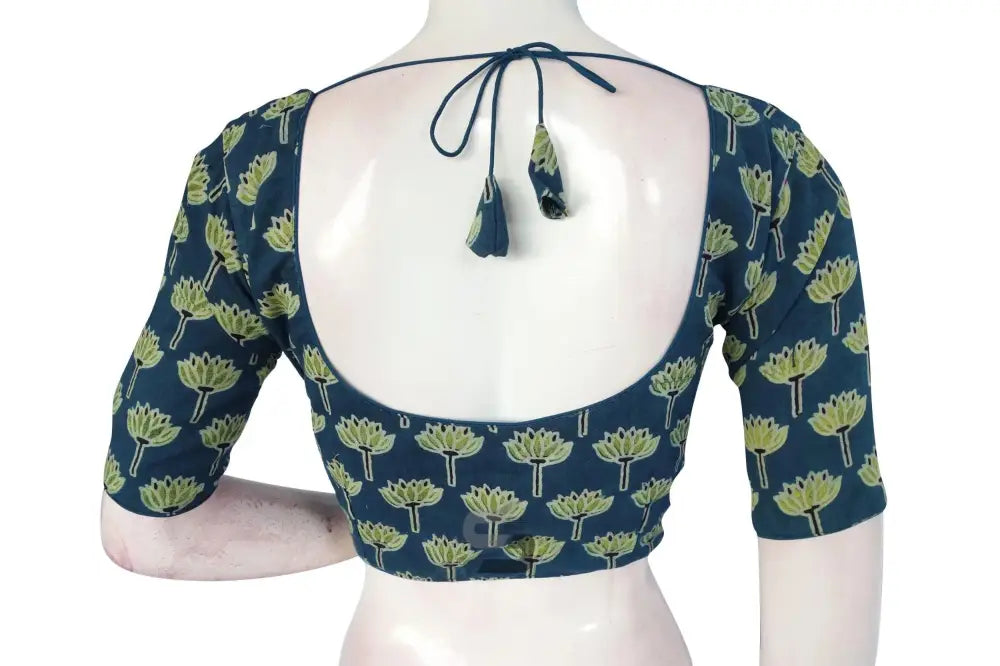 Comfortable Navy Blue color Ajrakh Cotton Readymade Saree Blouse - D3blouses