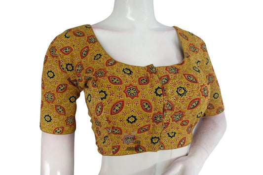Comfortable Summer Style Mustard color Ajrakh Cotton Readymade Saree Blouse - D3blouses