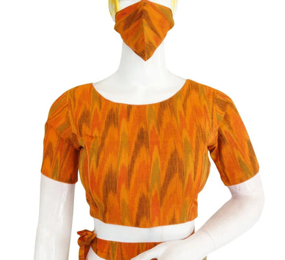 Complete Your Look with Ikkat Boat Neck Readymade Saree Blouse, Belt, and Mask - D3blouses