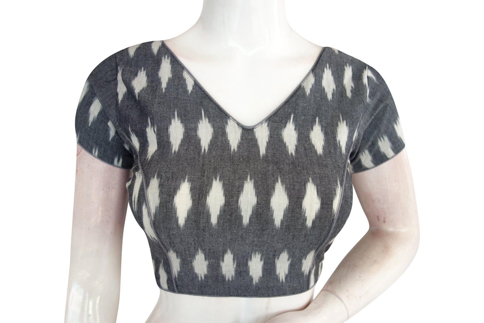 Contemporary Grey Ikkat V-Neck Designer Readymade Blouse - Stylish Attire - D3blouses