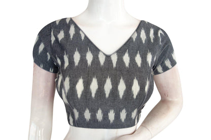 Contemporary Grey Ikkat V-Neck Designer Readymade Blouse - Stylish Attire - D3blouses