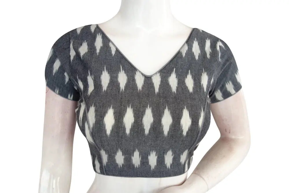 Contemporary Grey Ikkat V-Neck Designer Readymade Blouse - Stylish Attire - D3blouses