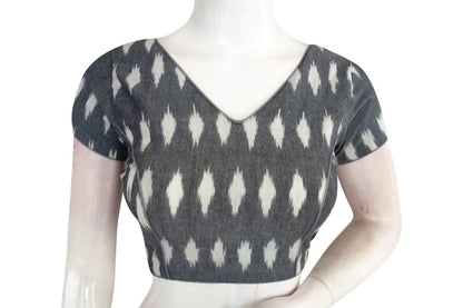 Contemporary Grey Ikkat V-Neck Designer Readymade Blouse - Stylish Attire - D3blouses