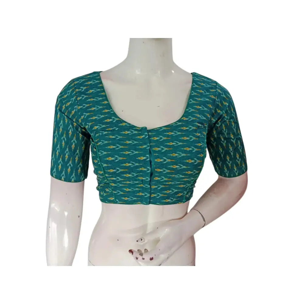 Cool & Calming: Teal Blue Color Cotton Printed Readymade Saree Blouse - D3blouses