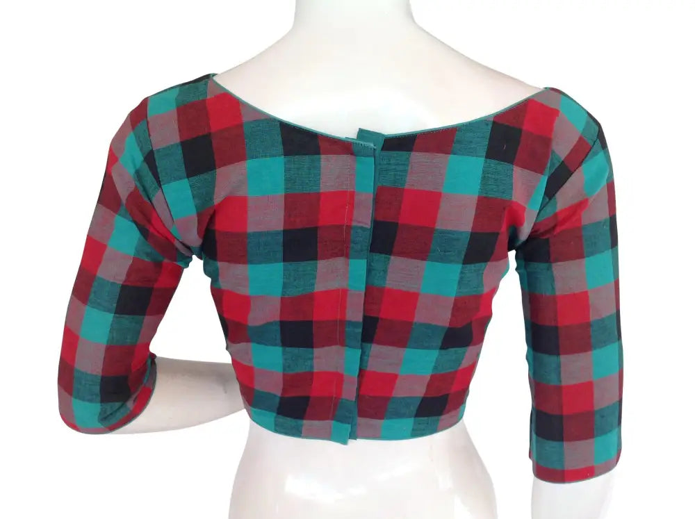 Cotton Checks 3/4th Sleeves Readymade saree blouse , Indian Cotton Readymade blouse - D3blouses