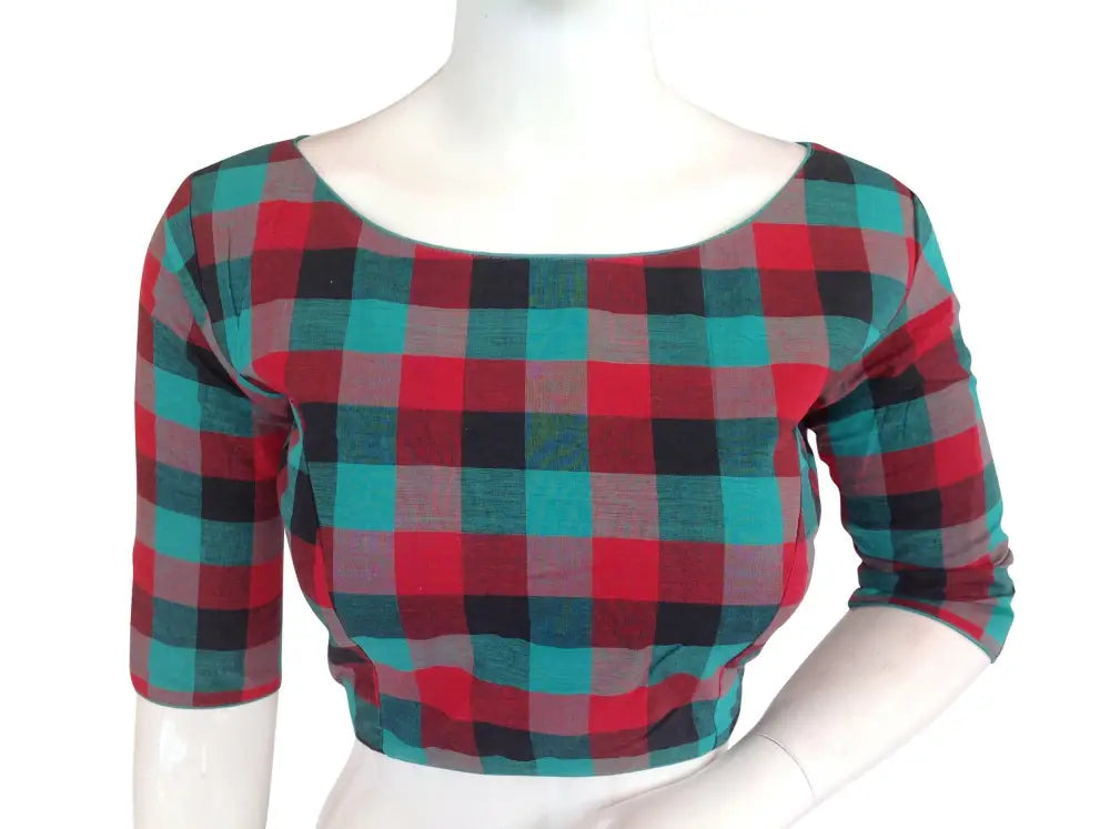 Cotton Checks 3/4th Sleeves Readymade saree blouse , Indian Cotton Readymade blouse - D3blouses