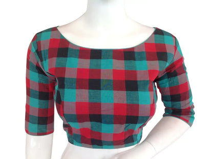 Cotton Checks 3/4th Sleeves Readymade saree blouse , Indian Cotton Readymade blouse - D3blouses