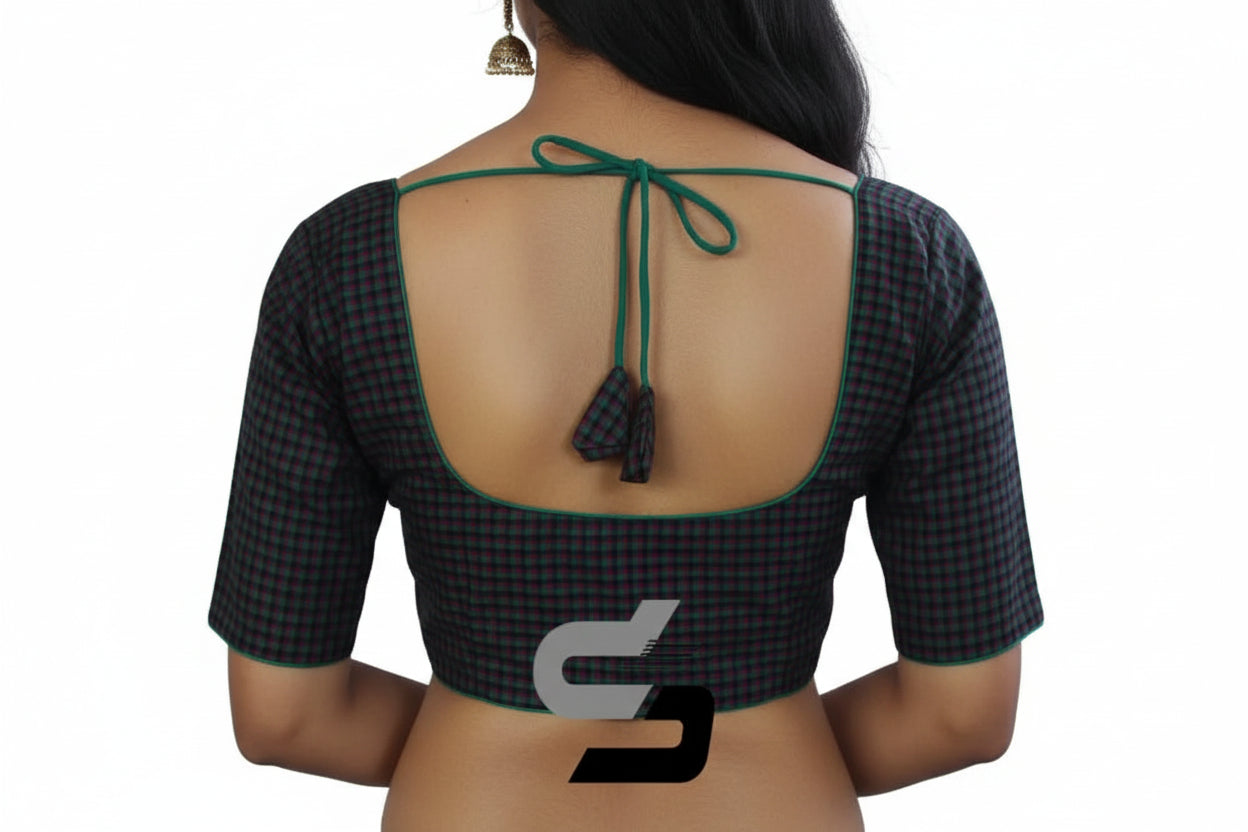 Back view of padded cotton checks readymade blouse showing deep neck and hook opening