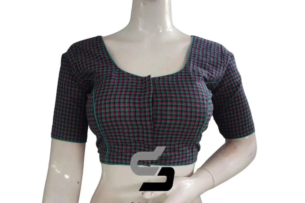 Front view of cotton checks readymade saree blouse with princess cut fit