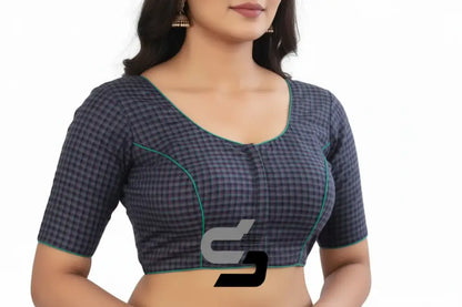 Close up of woven checkered pattern on a designer cotton saree blouse