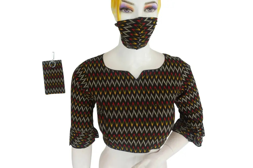 Cotton Printed Designer Readymade Blouse with Matching Mask - D3blouses
