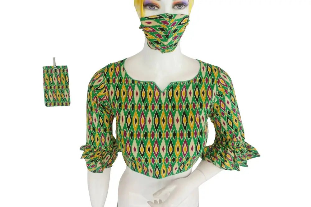 Cotton Printed Designer Readymade Blouse with Matching Mask - D3blouses