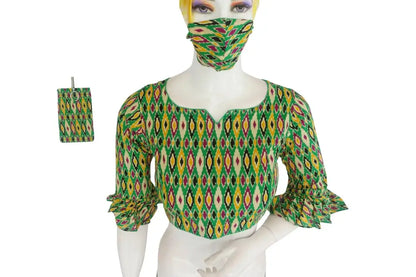Cotton Printed Designer Readymade Blouse with Matching Mask - D3blouses