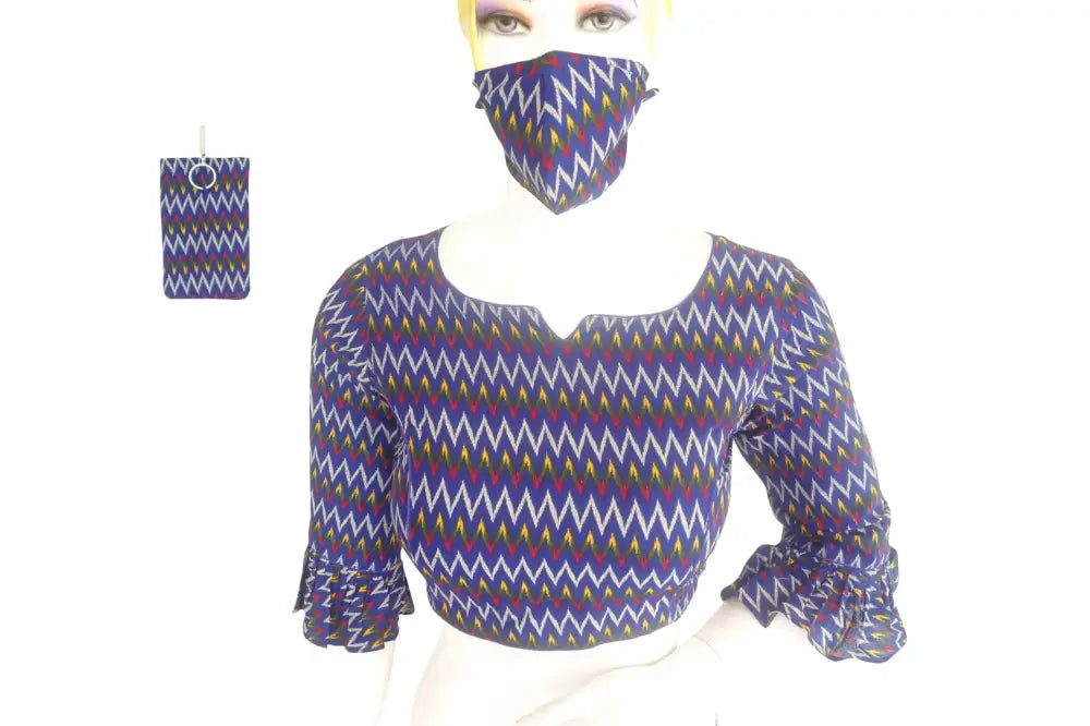 Cotton Printed Designer Readymade Blouse with Matching Mask - D3blouses