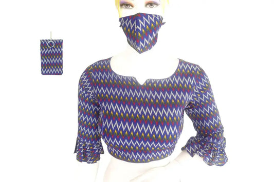 Cotton Printed Designer Readymade Blouse with Matching Mask - D3blouses