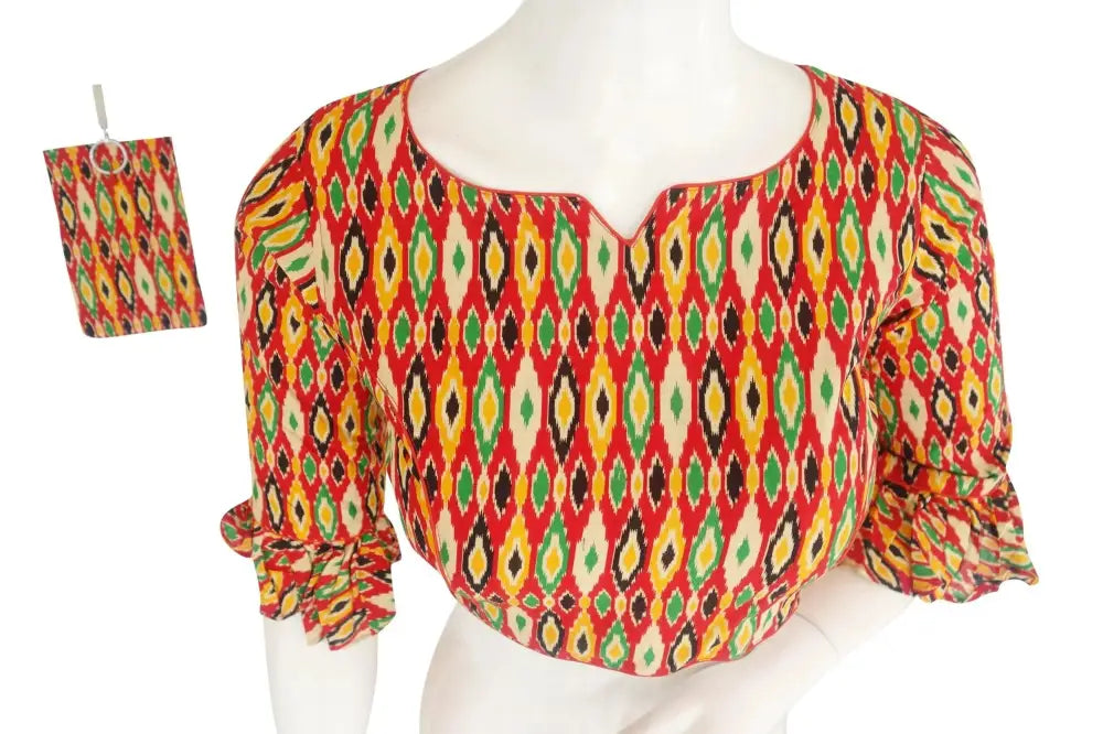 Cotton Printed Designer Readymade Blouse with Matching Mask - D3blouses